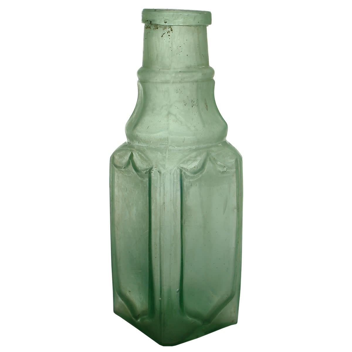 Goldfields Pickle. Square Shield Pickle. Square with Shield shapes to three sides. Octagonal facetted neck. Aqua. Pint.