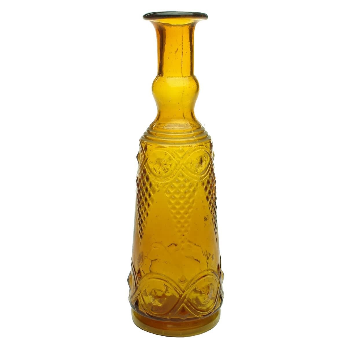 Sauce. Ornate amber European sauce style bottle with flared lip.