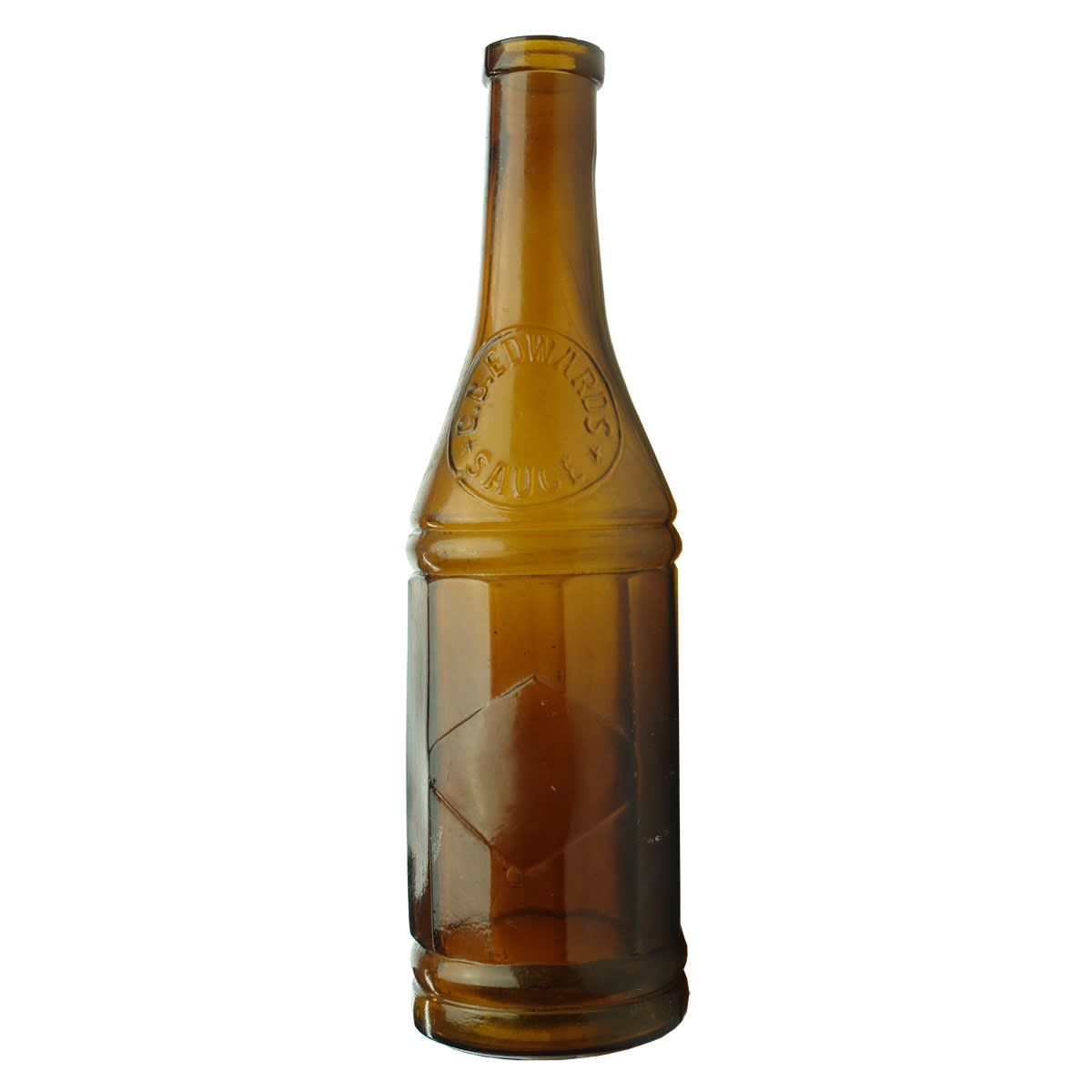 Sauce. G. B. Edwards Sauce. Fancy shape bottle. Amber. M base mark. (Sydney, New South Wales)