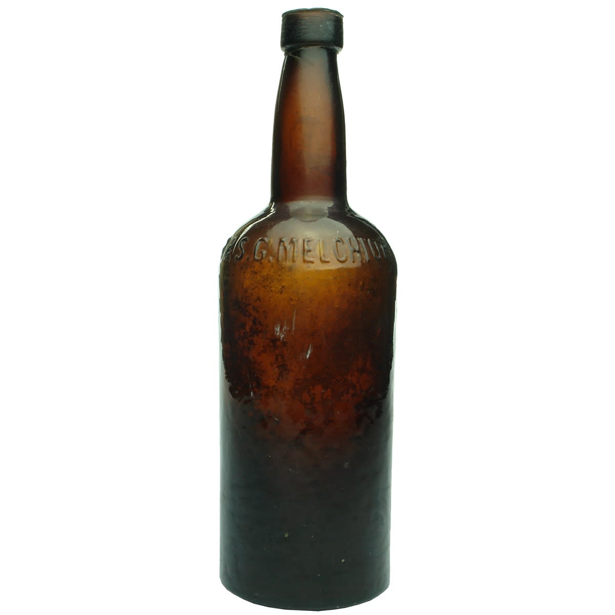 Liqueur. M. & S. G. Melchior, Copenhagen. Early amber applied top bottle.