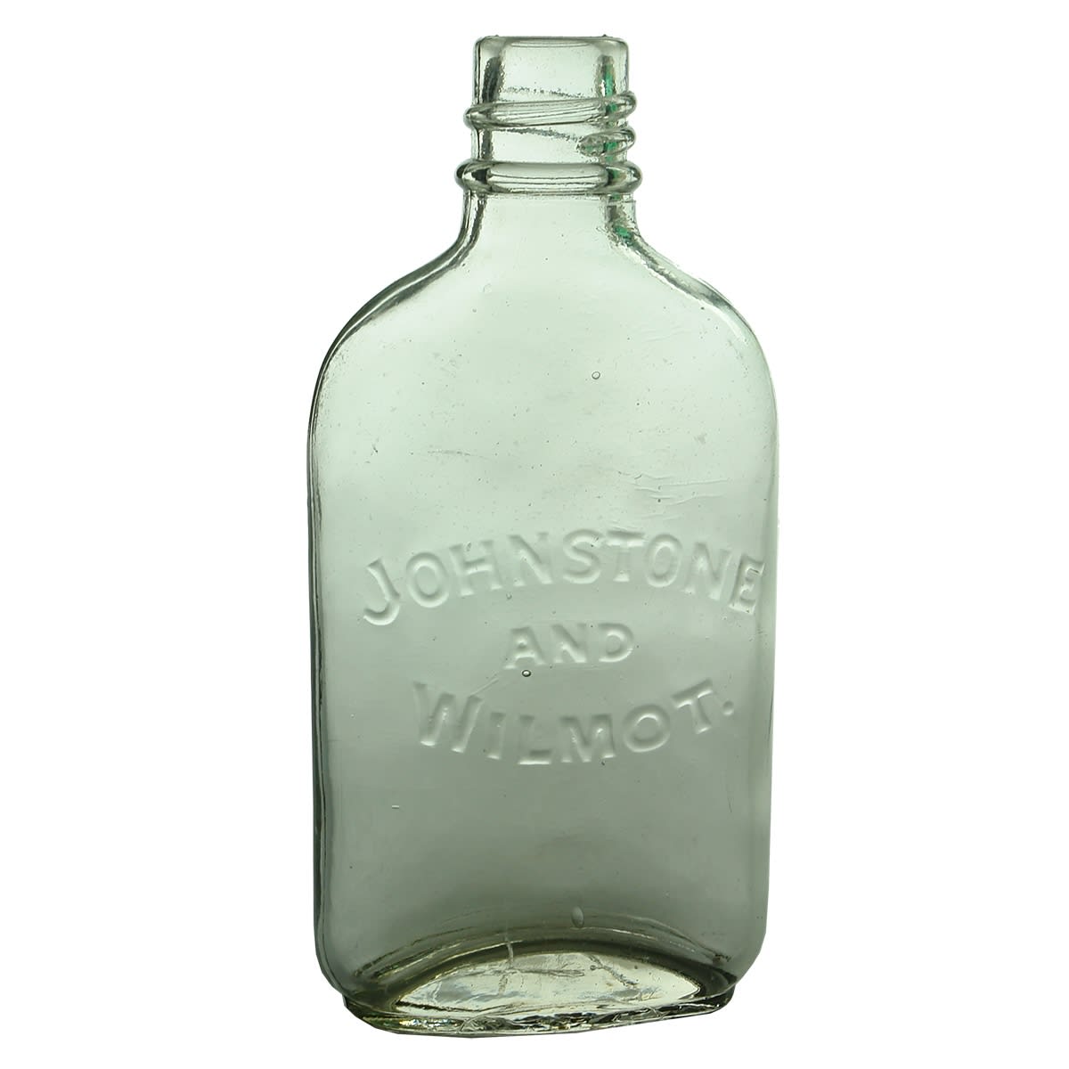 Spirits. Johnstone and Wilmot. Screw top flask. Clear. 4 oz. (Tasmania)