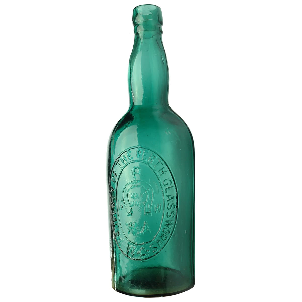 Wine or Spirits. Perth Glass Works. Recycled Blue-Green. 26 oz. (Western Australia)