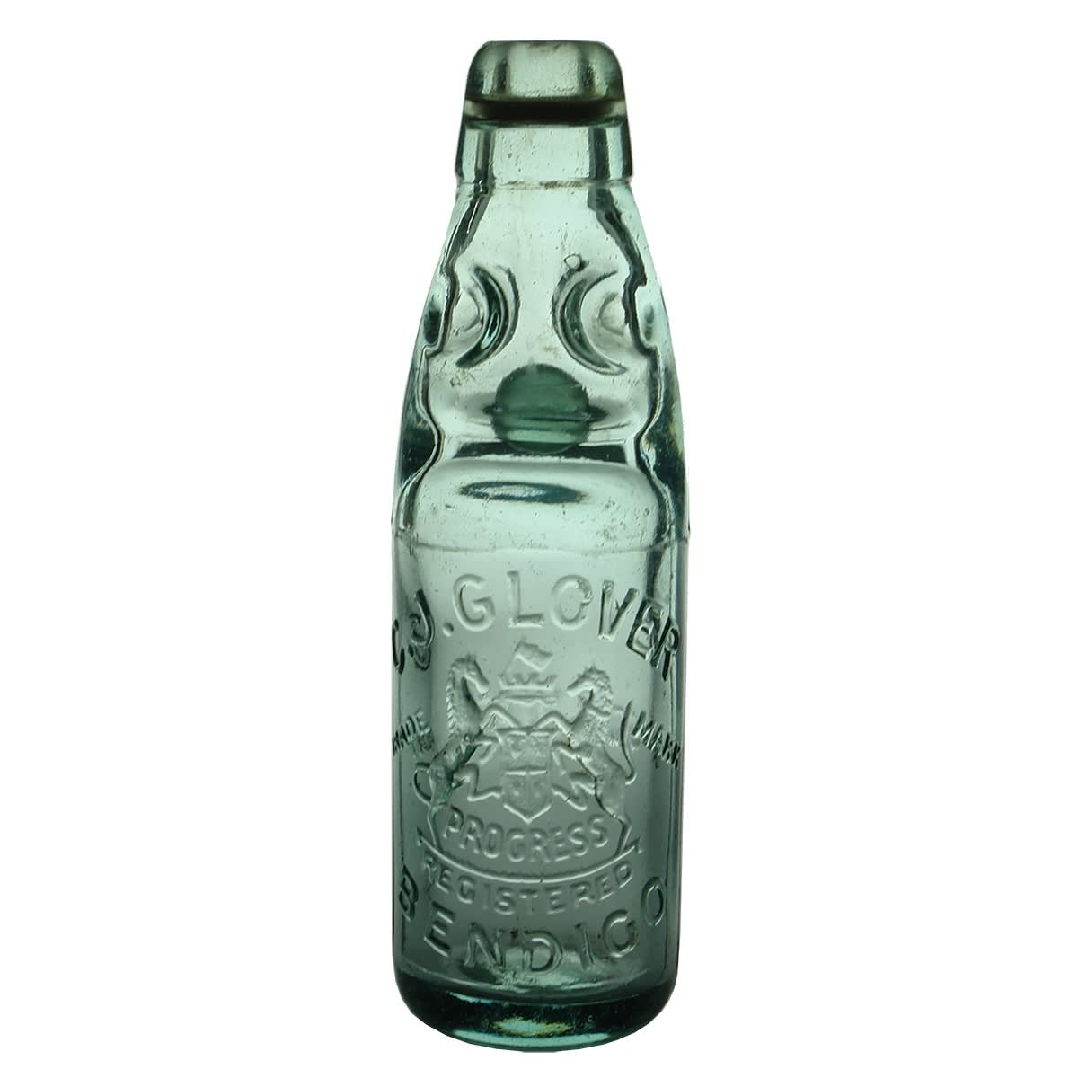 Codd. C. J. Glover, Bendigo. Coat of Arms. Soda Water. Dobson. Aqua. 6 oz. (Victoria)