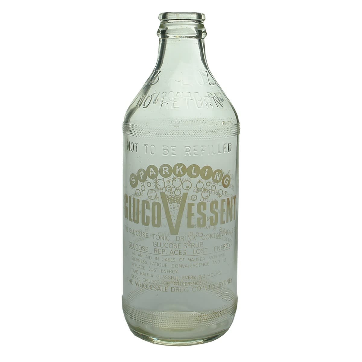 Crown Seal. Glucovessent. Wholesale Drug Co., Sydney. One Trippa. Ceramic Label. 13 oz. (New South Wales)
