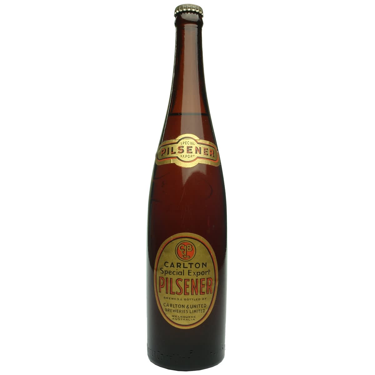 Beer. Tall Pilsener MBCV. Carlton Special Pilsener labels. Still full with Carlton & United cap. (Victoria)