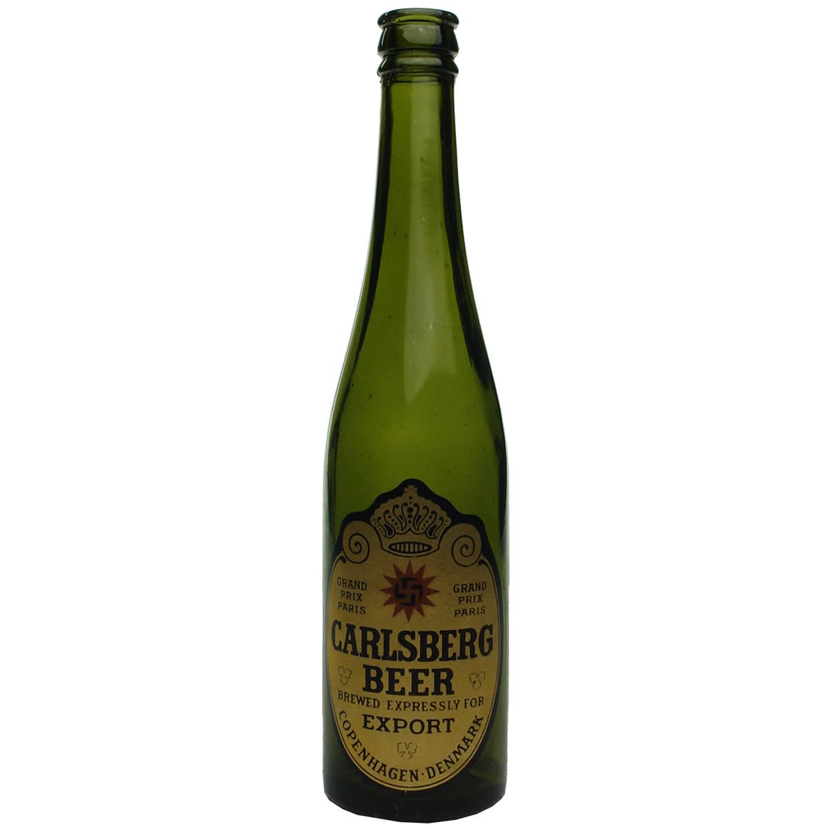 Beer. Triple collar crown seal (?) top. Label for Carlsberg Beer, Copenhagen Denmark. Swastika trade mark (used by Carlsberg up until the 1930s).