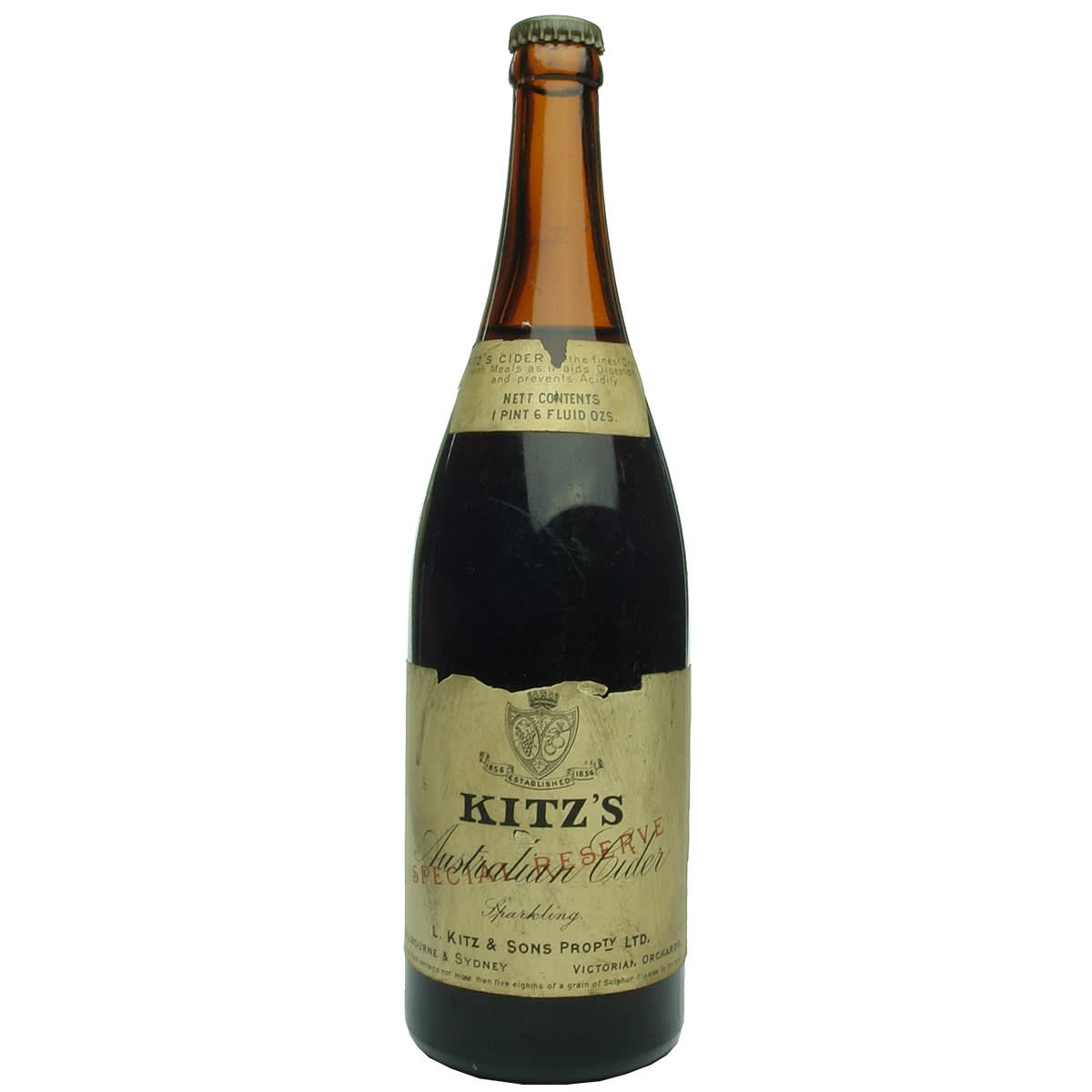 Cider. L. Kitz & Sons Pty Ltd Melbourne. Original labels and contents. Melbourne & Sydney on label. (Victoria & New South Wales)