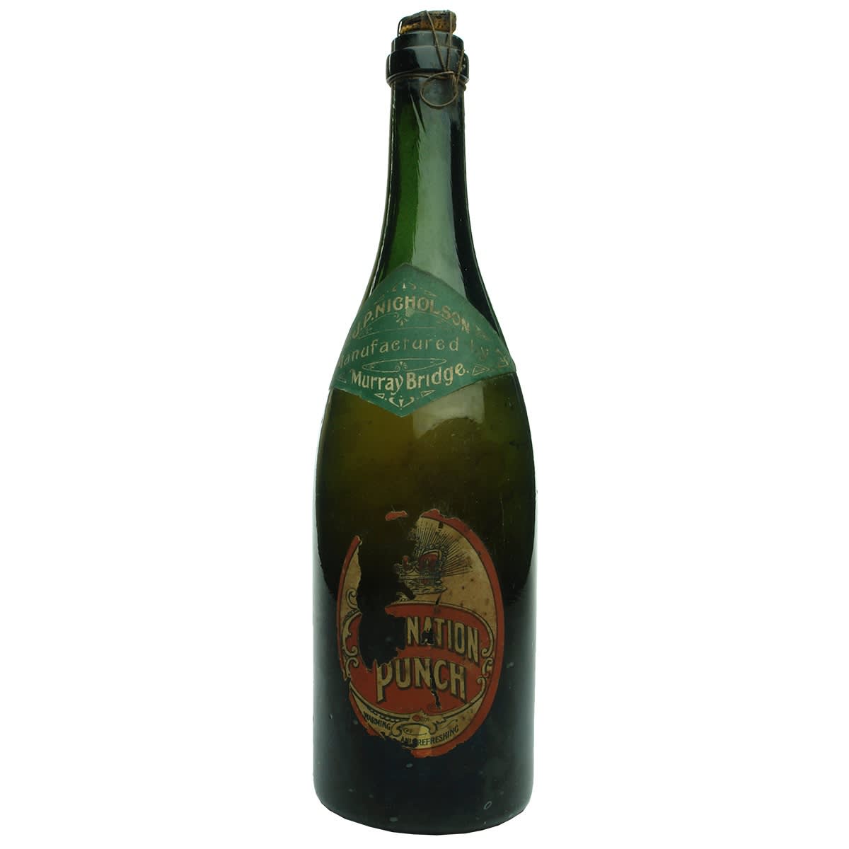 Hop Beer/Soft Drink. Plain ring seal with labels for J. P. Nicholson, Murray Bridge. Coronation Punch.