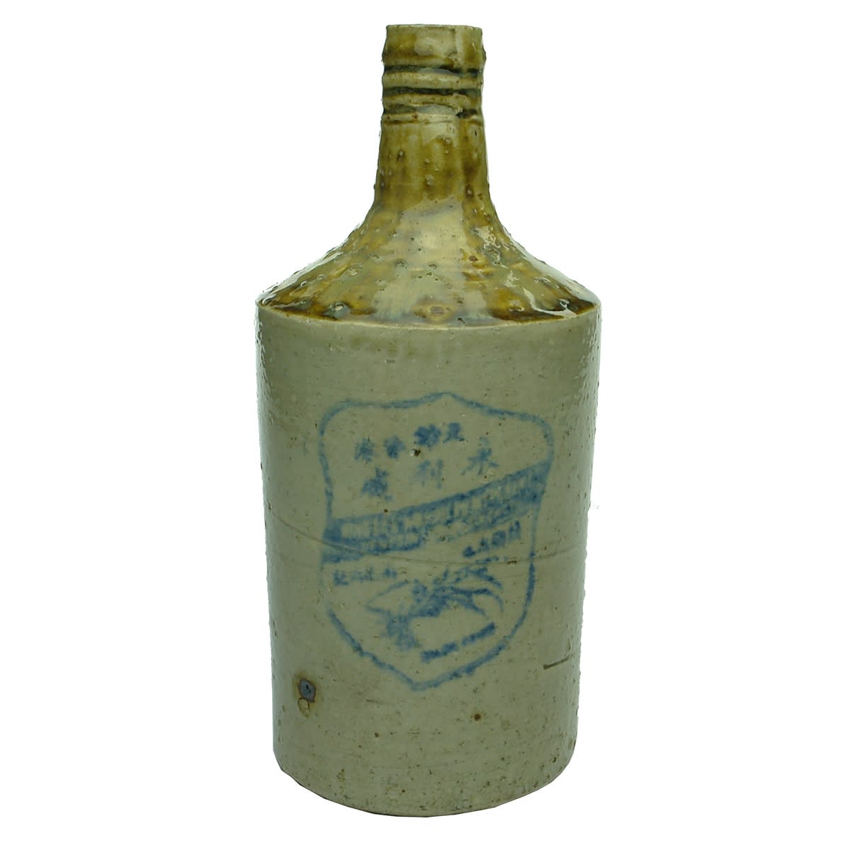 Chinese. Wing Lee Wai Chinese Rice Wine Bottle, Shield Design. Blue Print. Tan Top. 26 oz. (China)