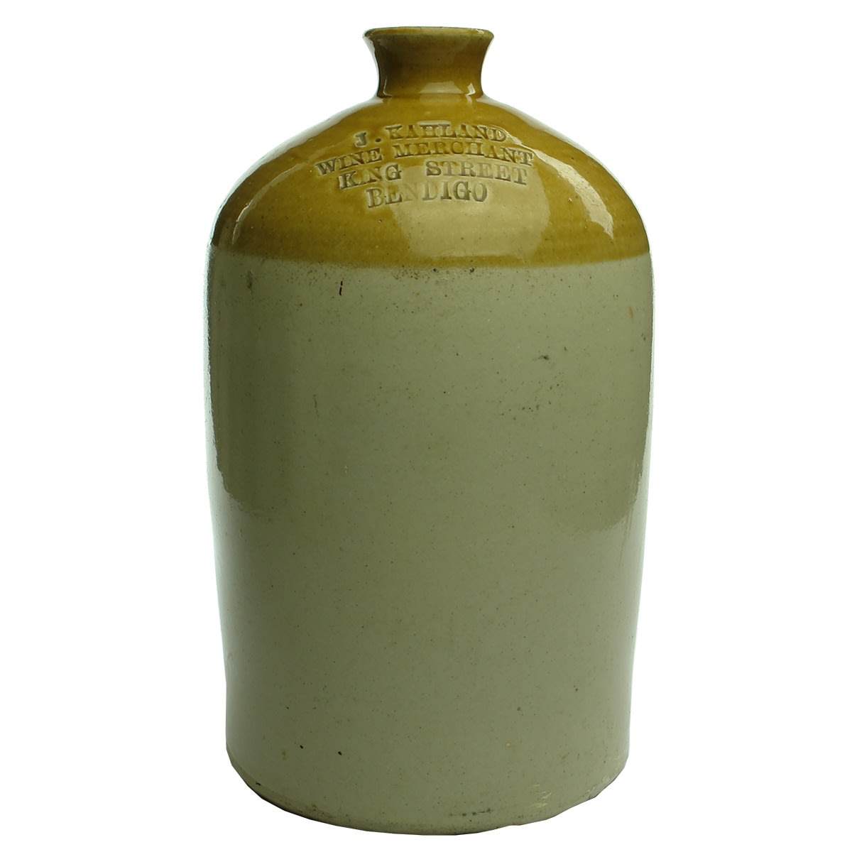 Demijohn. J. Kahland, Wine Merchant, King Street, Bendigo. Large Bendigo Pottery Coy stamp. 1 Gallon. (Victoria)
