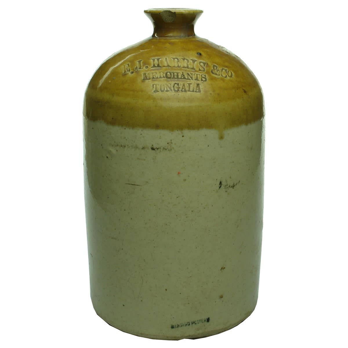Demijohn. E. J. Harris & Co., Merchants, Tongala. Tan Top. Impressed. Bendigo Pottery. 1 Gallon. (Victoria)