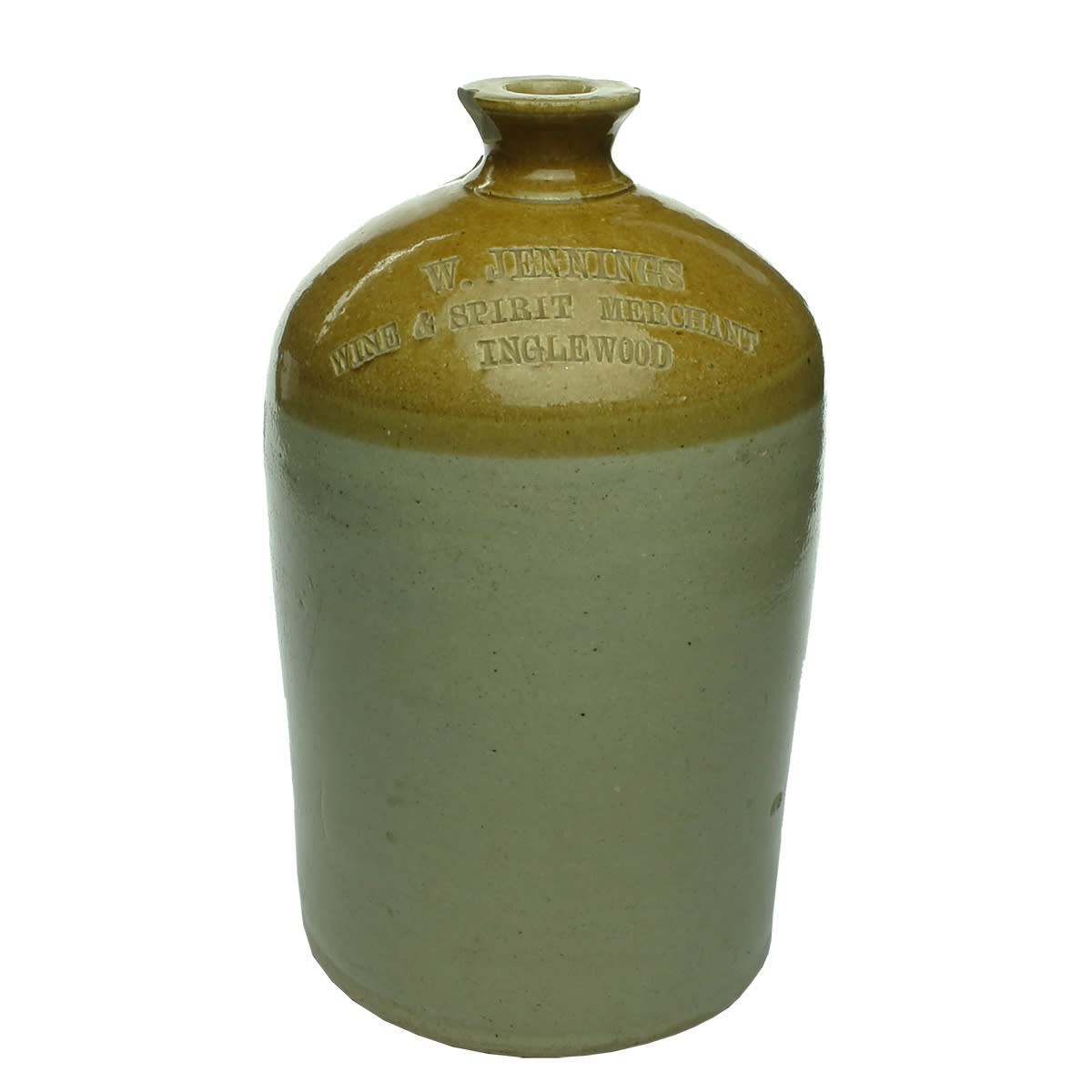 Demijohn. W. Jennings, Wine & Spirit Merchant, Inglewood. No potters stamp. (Victoria)