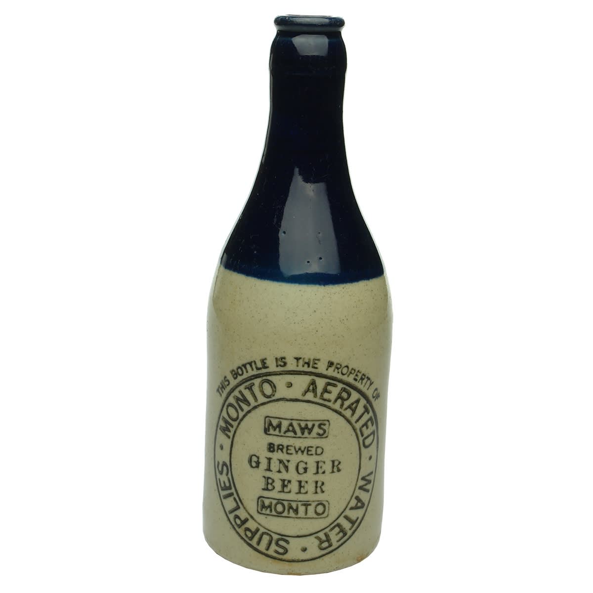 Ginger Beer. Monto Aerated Water Supplies. MAWS. R. Fowler potters stamp. Blue top. Crown Seal. (Queensland)