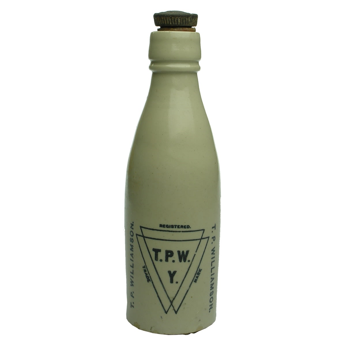 Ginger Beer. T. P. Williamson. Fancy joined Triangles. Yass. All White Internal Thread. (New South Wales)