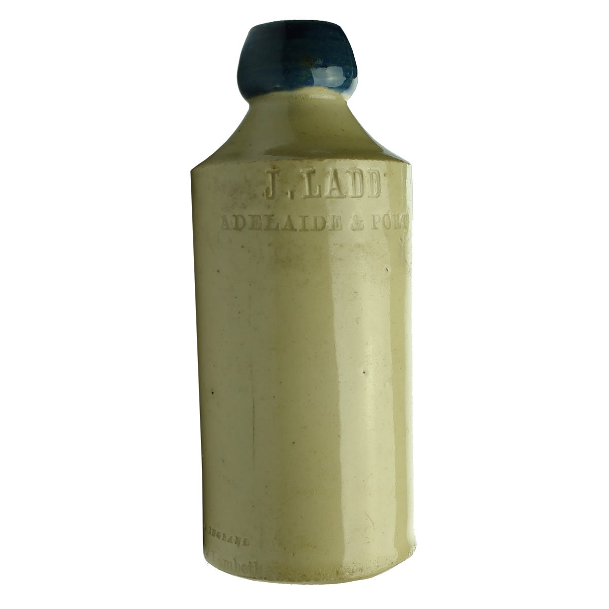 Ginger Beer. J. Ladd, Adelaide & Port. Doulton Lambeth. Blue Lip. Impressed. (South Australia)