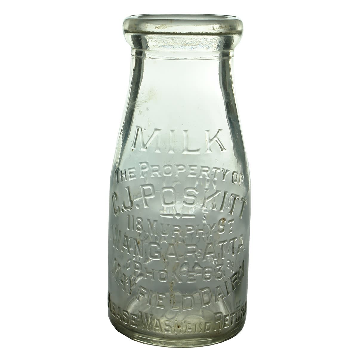 Milk. C. J. Poskitt, Murphy St., Wangaratta. Mayfield Dairy. Base Number: 364. Half Pint. (Victoria)