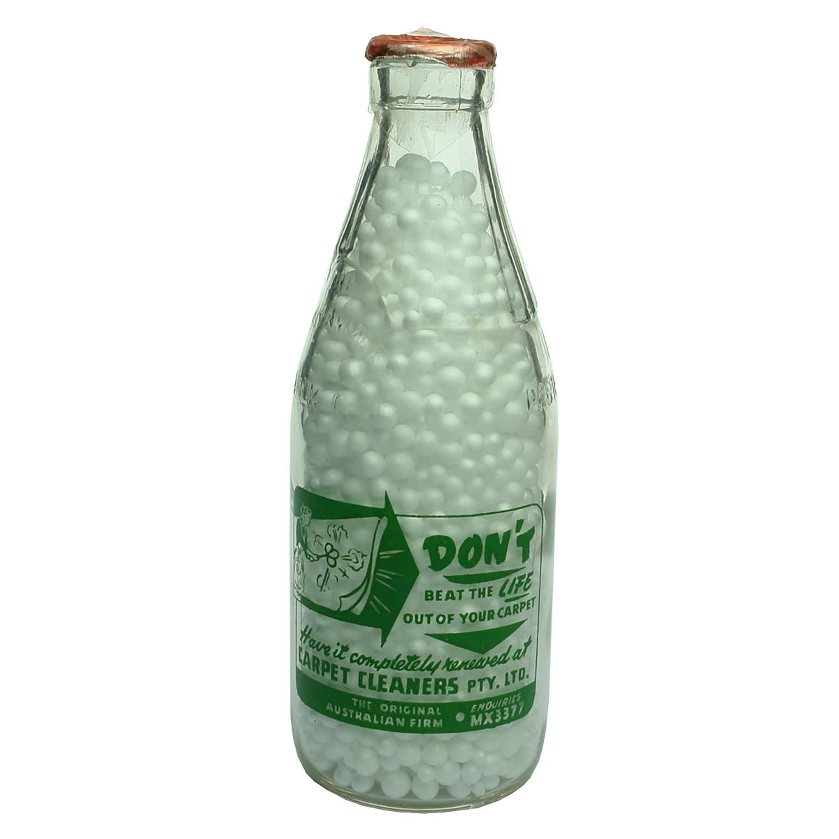 Ceramic Label Advertising Milk. Carpet Cleaners Pty Ltd. Green Print. Dairy Farmers Co-op Milk Co bottle. Pint. (New South Wales)