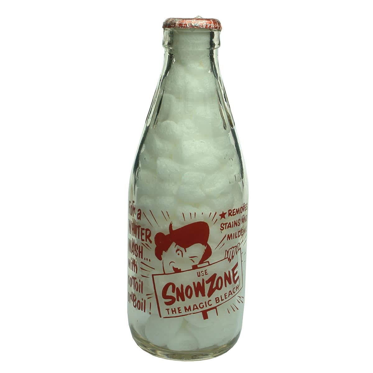Ceramic Label Advertising Milk. Snowzone, the magic bleach. Dairy Farmers. Pint. (New South Wales)