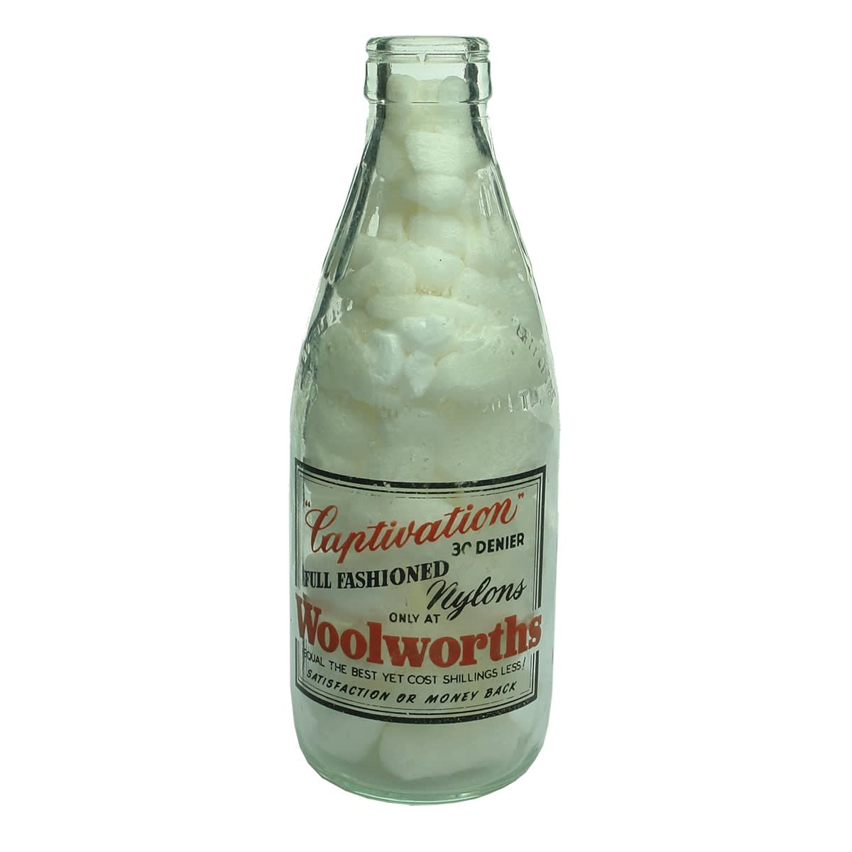 Ceramic Label Advertising Milk. Captivation Full Fashioned Nylons. Woolworths. Dairy Farmers. Pint. (New South Wales)