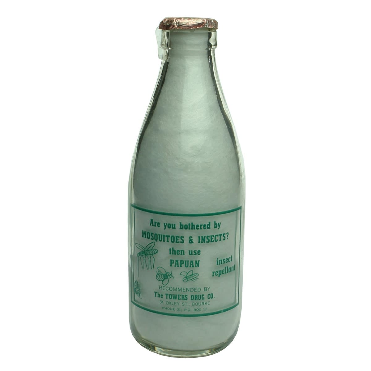 Ceramic Label Advertising Milk. Papuan Insect Repellant. The Towers Drug Co., Bourke. Green Print. Pint. (New South Wales)