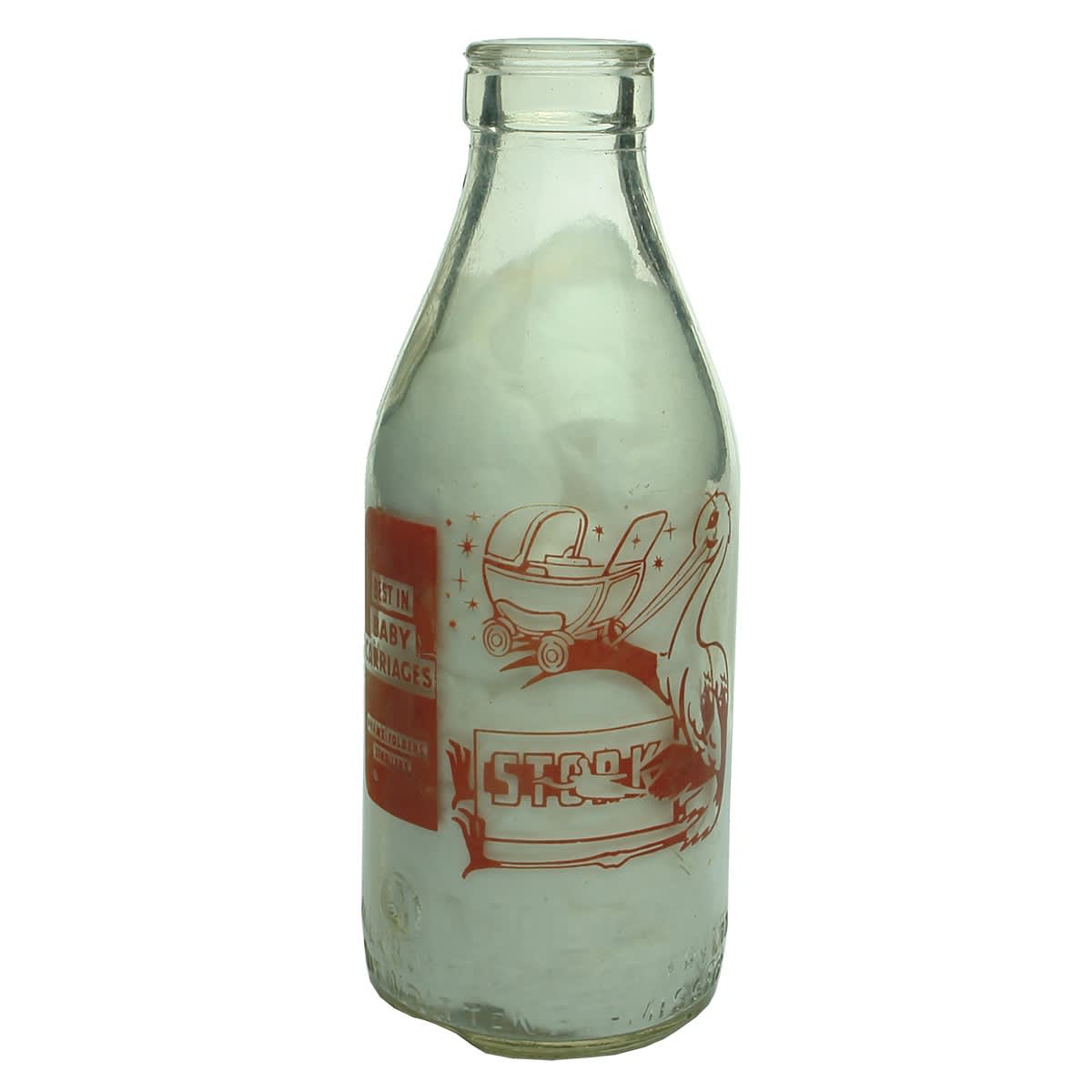 Ceramic Label Advertising Milk. Stork Baby Carriages. Milk Bottles Recovery. Foil top. Red print. 1 Pint. (Victoria)