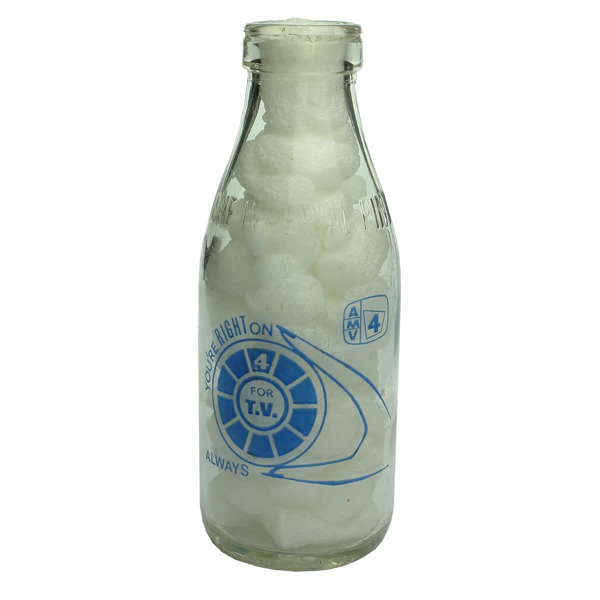 Ceramic Label Advertising Milk. AMV4 T.V. Pint. Blue Print. Albury. (New South Wales)