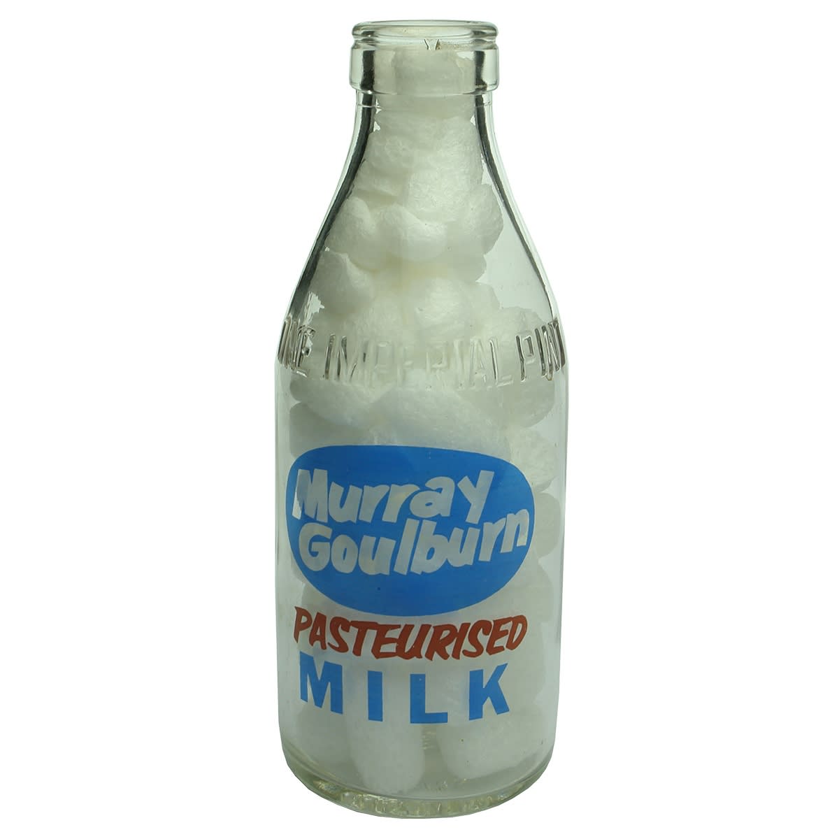 Ceramic Label Advertising Milk. Murray Goulburn Pasteurised. Butter, Cheese & Bottled Cream. Blue & Red Print. Pint. (Victoria)