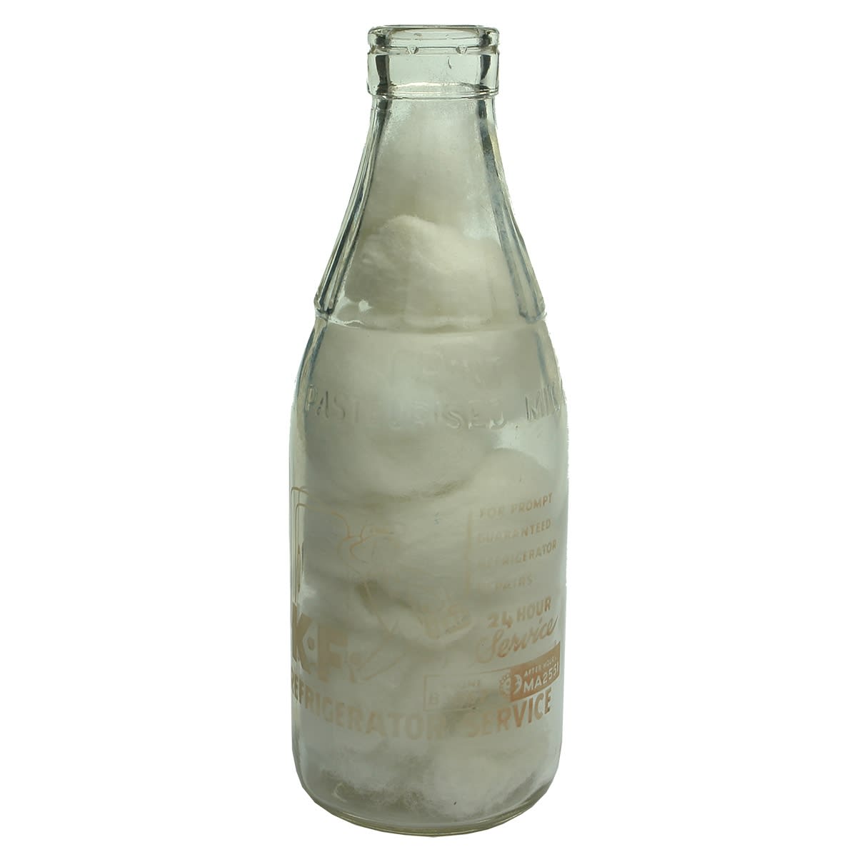 Ceramic Label Advertising Milk. Dairy Farmers Co-Op. Milk Co. Ltd. Ceramic label advertising K. F. Refrigerator Service. Different Phone Numbers to one sold previously. 1 Pint. (New South Wales)