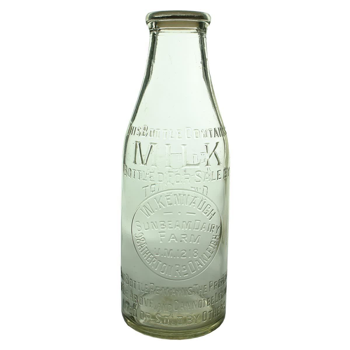 Milk. W. Kennaugh, Sunbeam Dairy, Atherton Rd., Oakleigh. Quart. (Victoria)