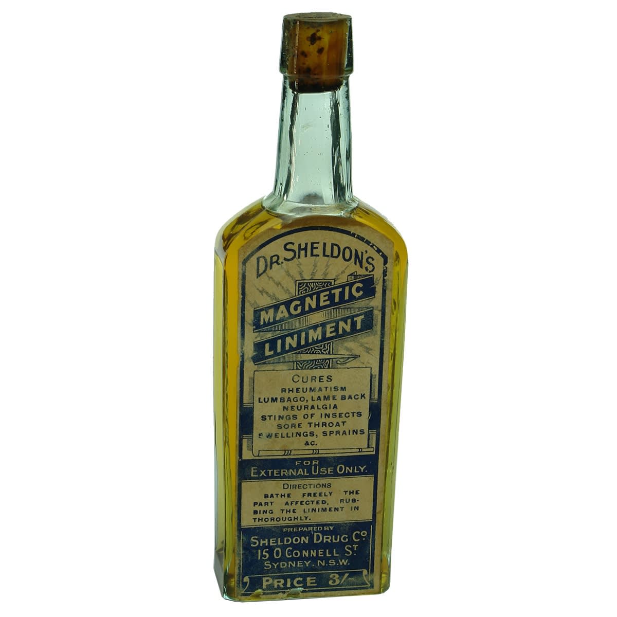 Cure. Dr. Sheldon's Magnetic Liniment. Boston & Sydney. Aqua. Original Label. 5 oz. (New South Wales)