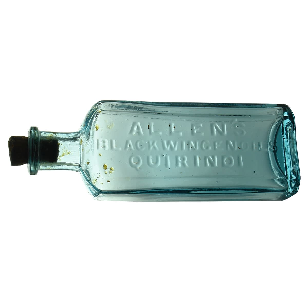 Cure/Liniment. Allen's Black Wingen Oils Quirindi. Ice blue. 4 oz. 139 mm. (New South Wales)