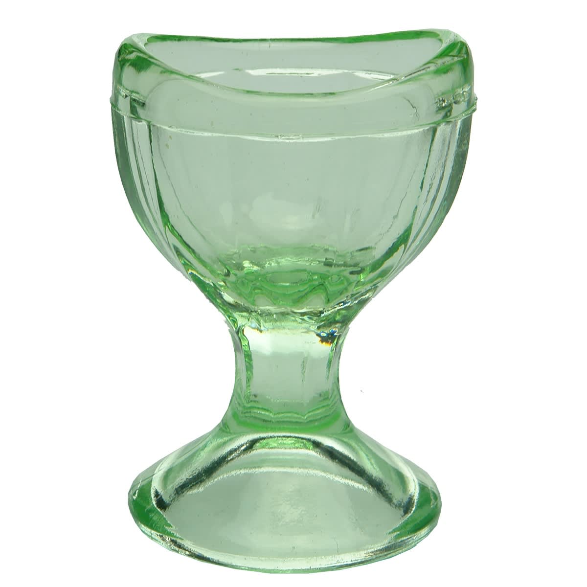 Eye Bath. Depression Glass, pale lime green. Pedestal. Facetted Bowl. No markings.