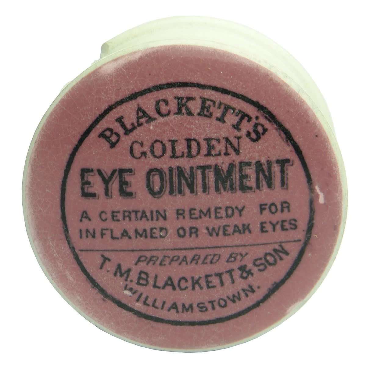 Pot Lid. Blackett's Eye Ointment, Williamstown. Black on Pink. (Victoria)