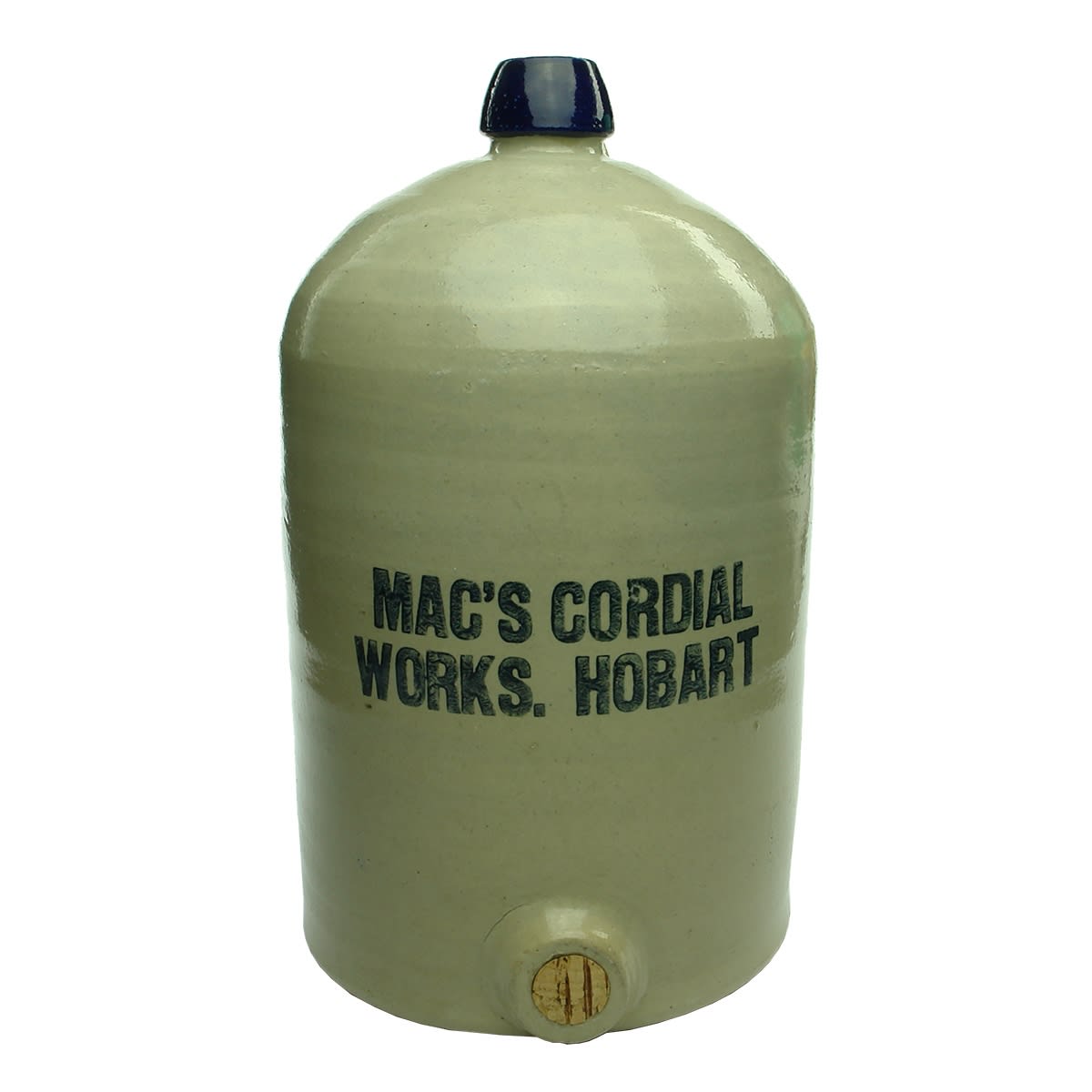 Demijohn. Mac's Cordial Works, Hobart. Blue Lip. Black Print. 2 Gallon. (Tasmania)