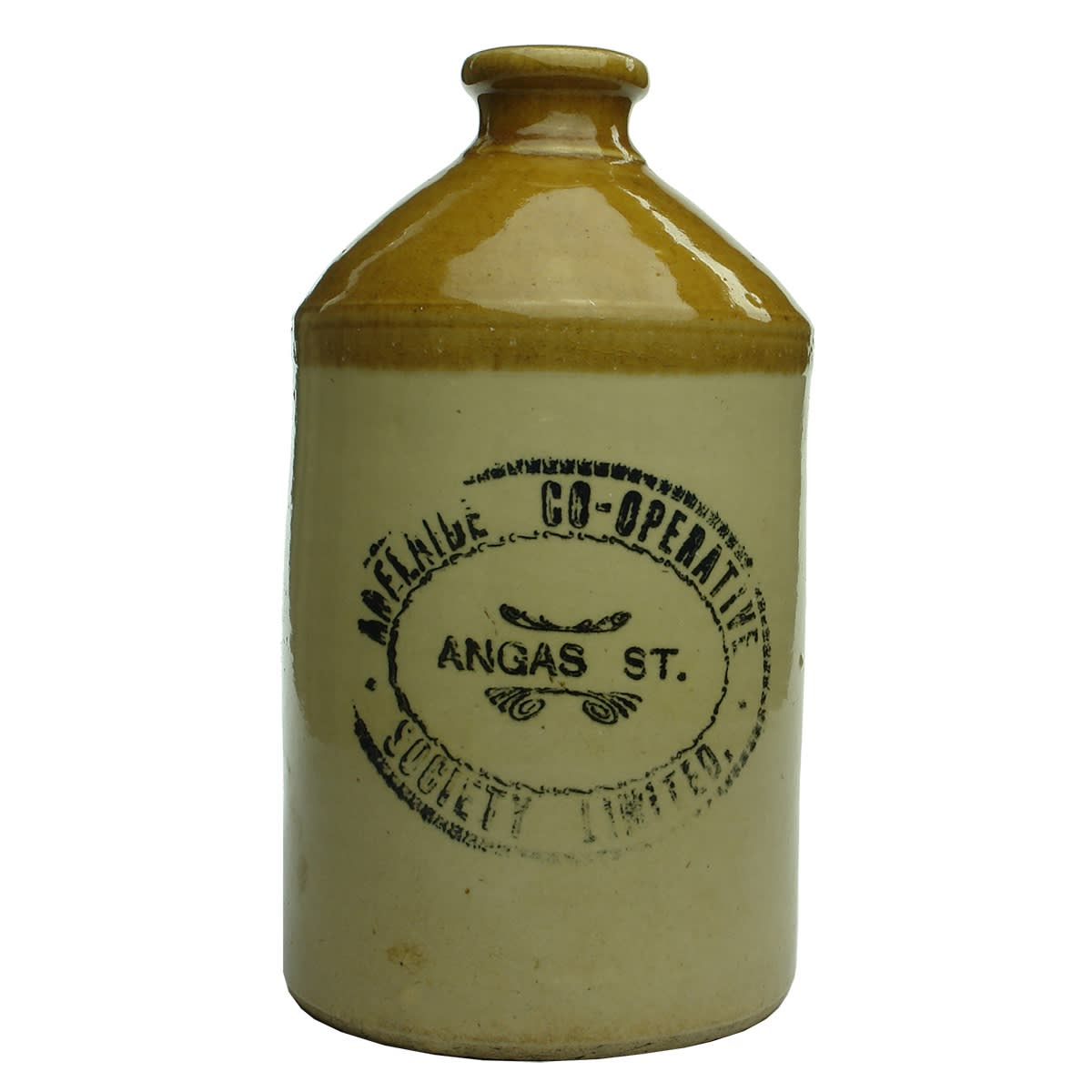 Demijohn. Adelaide Co-operative Society. Handled. Tan Top. Half Gallon. (South Australia)