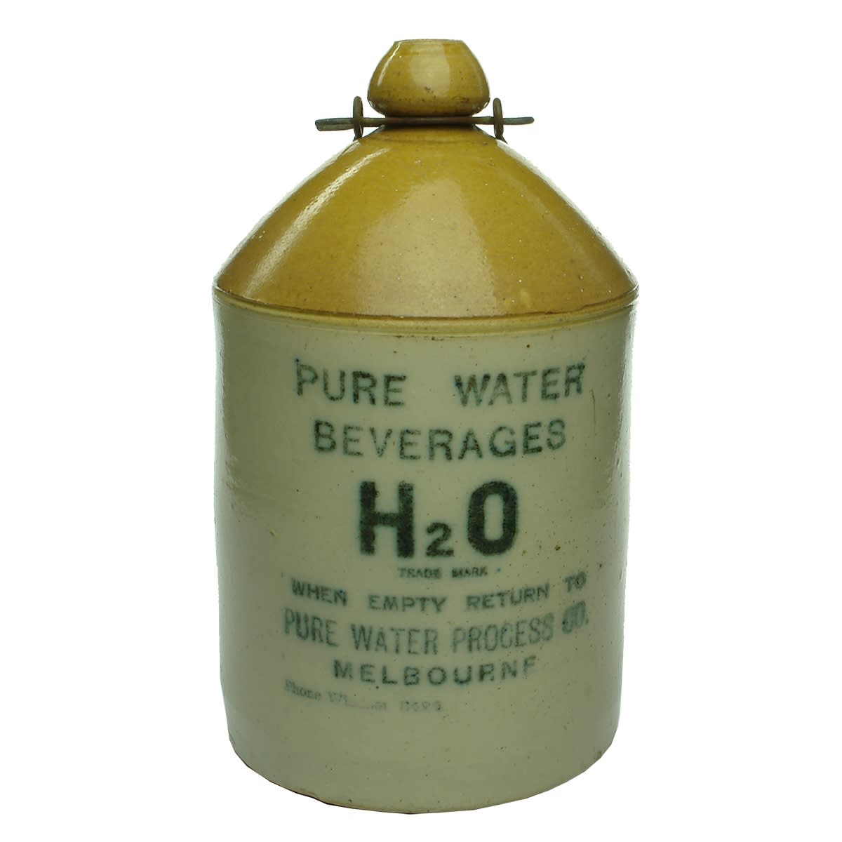 Demijohn. H2O, Pure Water Process Co., Melbourne. Tan Top. 1 Gallon. Internal Thread. (Victoria)
