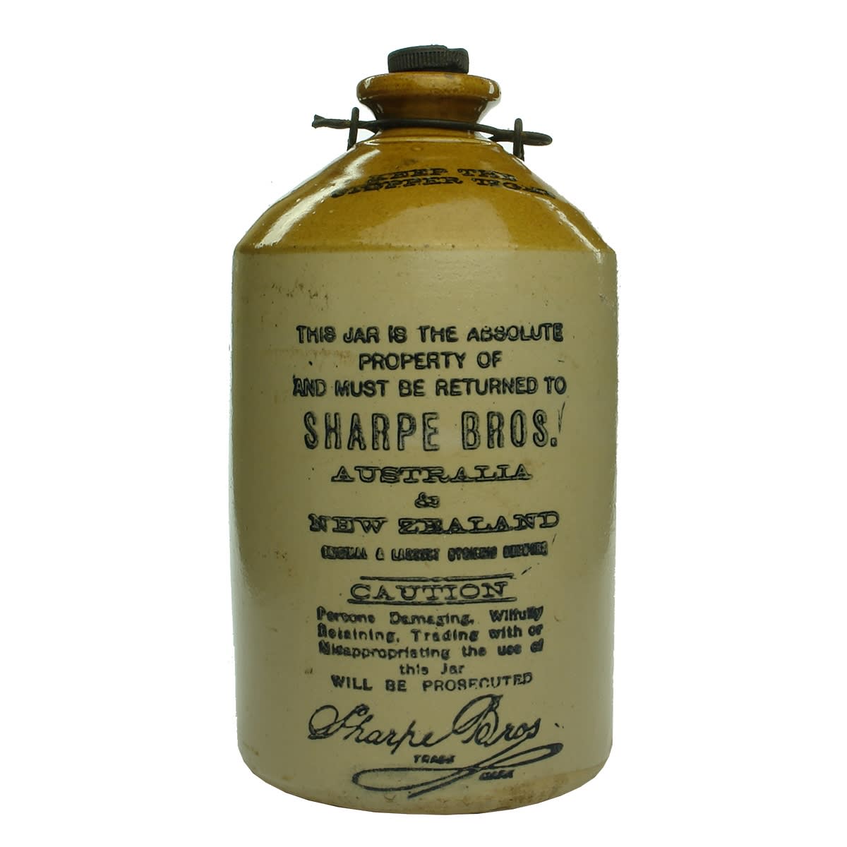 Demijohn. Sharpe Bros., Australia & New Zealand. Tan top. Internal Thread.