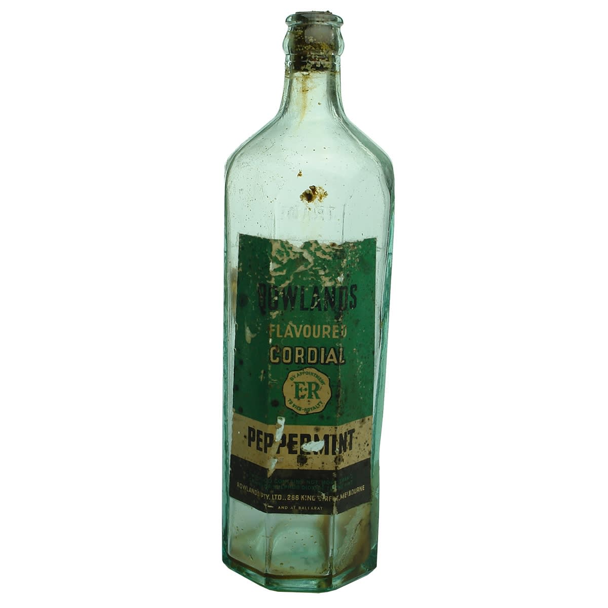 Cordial. Crown seal Octagonal Rowlands with original label for Peppermint. (Victoria)