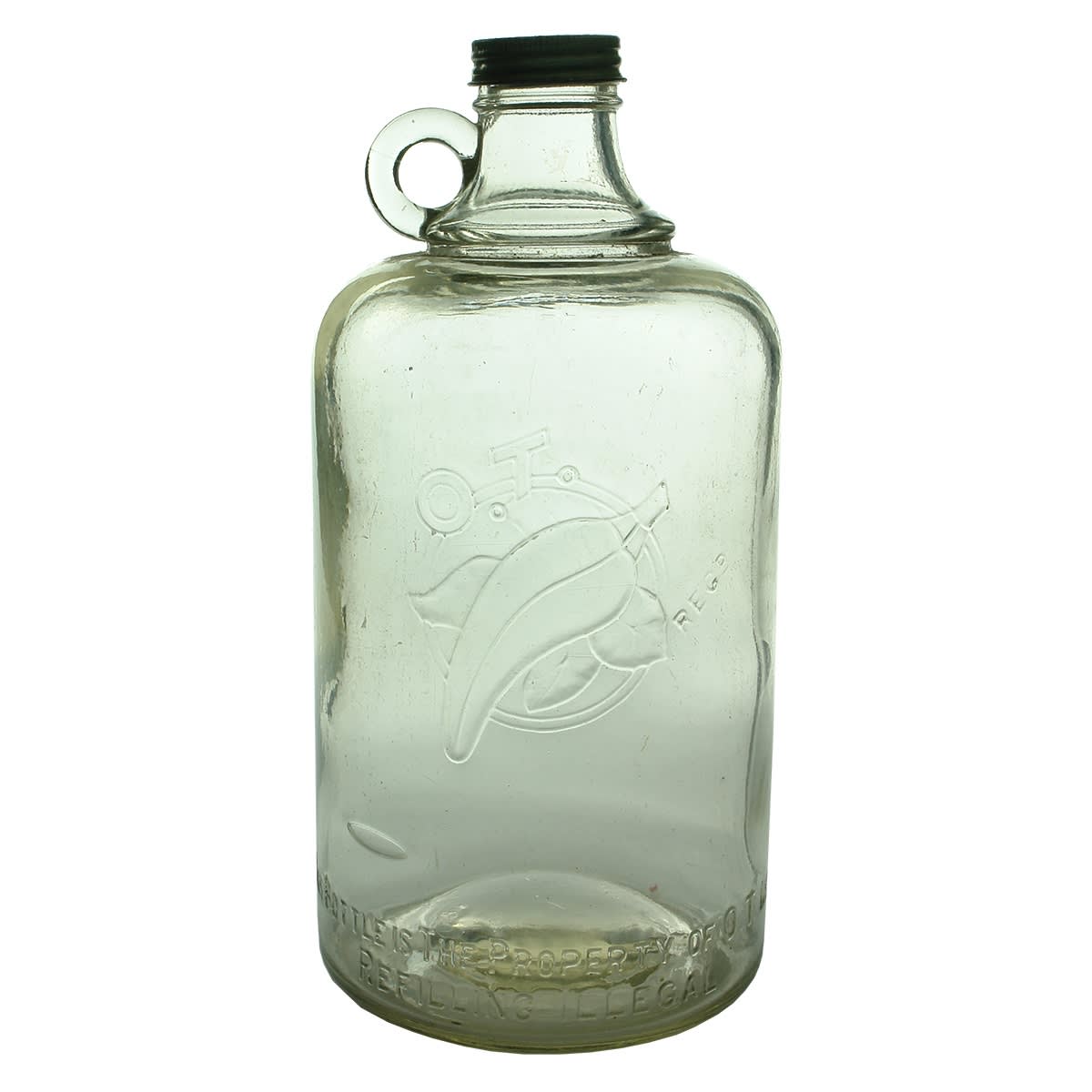 Cordial. O. T. Ltd. Handled half gallon flagon.