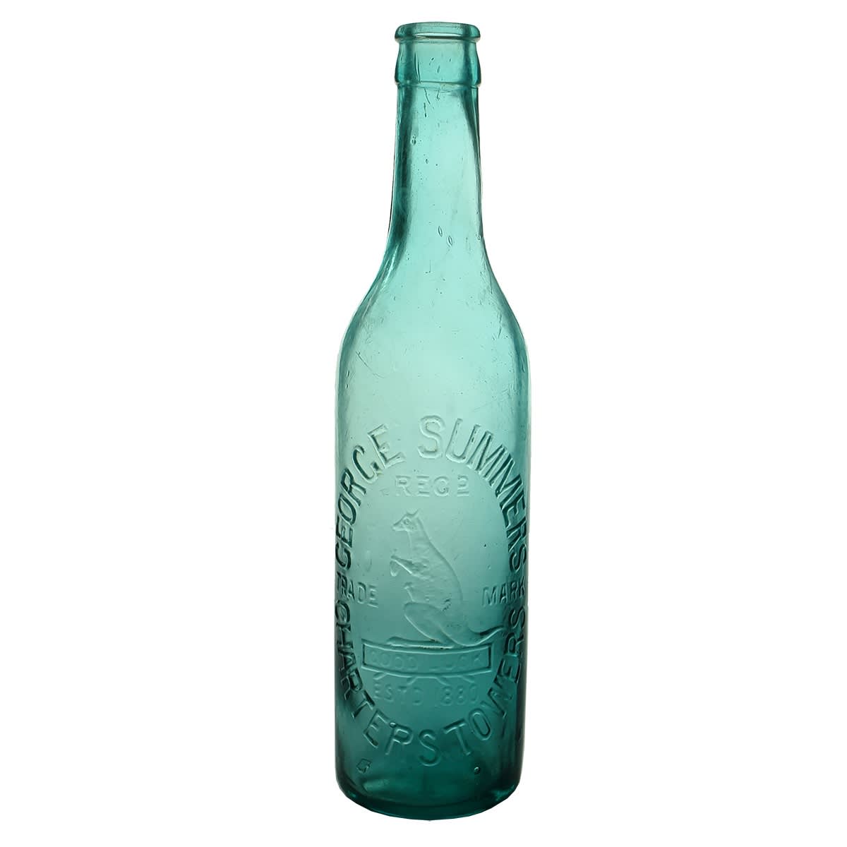 Crown Seal. George Summers, Charters Towers. Kangaroo holding a bottle. Blue Aqua. 10 oz. (Queensland)