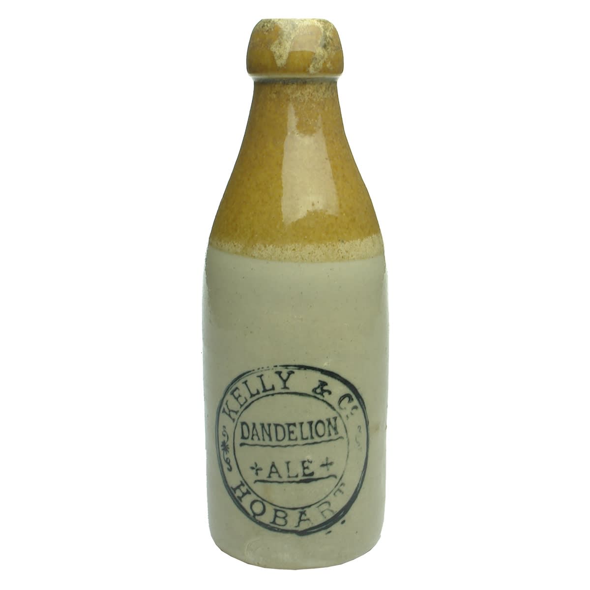 Ginger Beer. Kelly & Co, Hobart. Dandelion Ale. Champagne. Bendigo Pottery. (Tasmania)