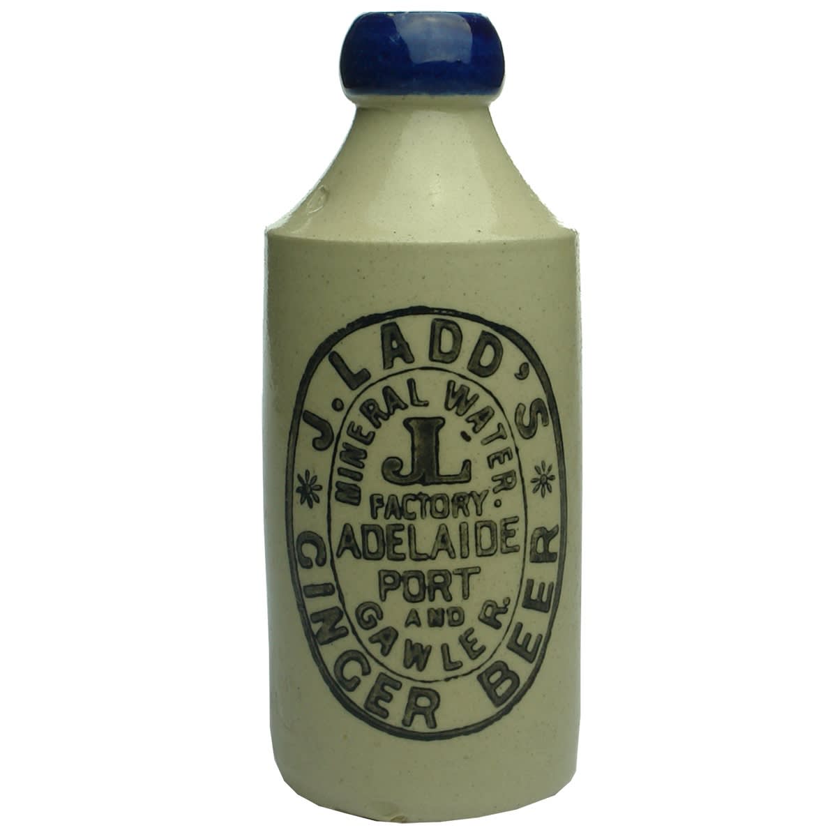 Ginger Beer. J. Ladd's, Adelaide, Port and Gawler. Cork stopper. Blue Lip. Mauri Bros & Thomson. 10 oz. (South Australia)