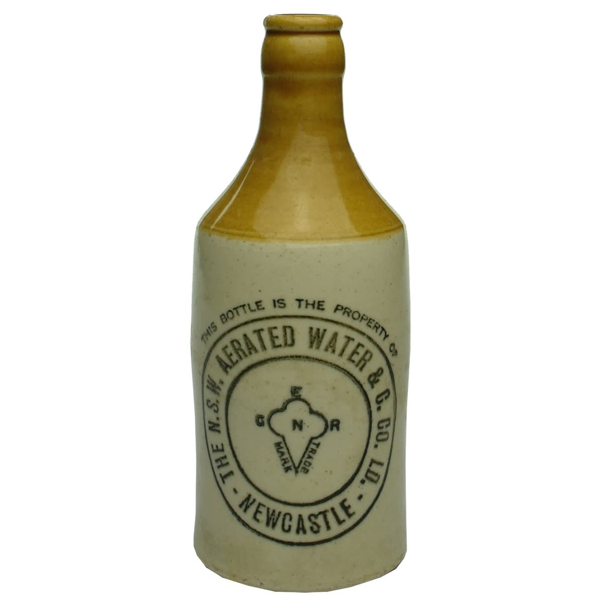 Ginger Beer. NSW Aerated Water & C. Co. Newcastle. R. Fowler 37 stamp. Crown Seal. Dump. Tan Top. (New South Wales)