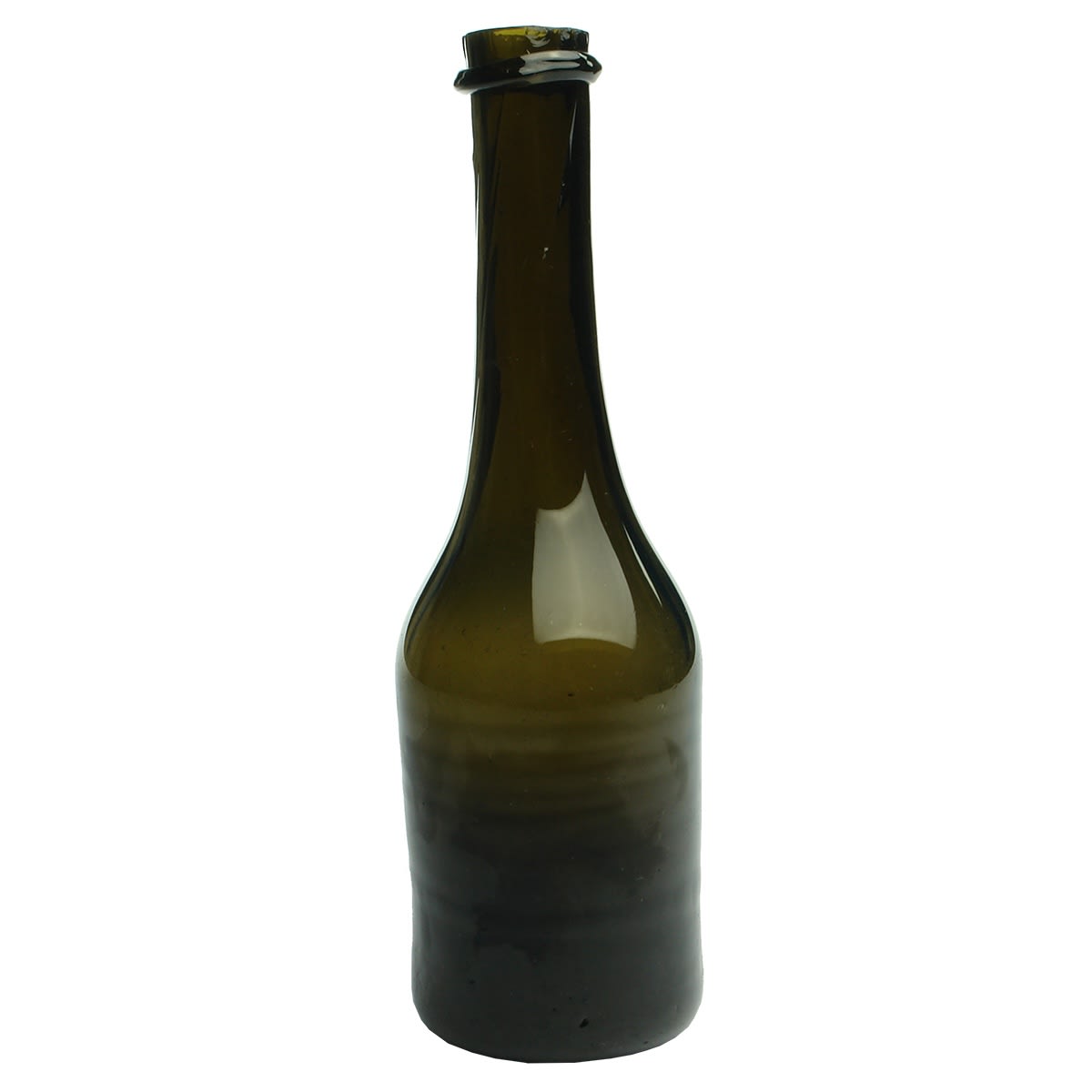 Black Glass. Small long necked, almost flowerpot type but much smaller. Round pontil scar in the punt to the base.