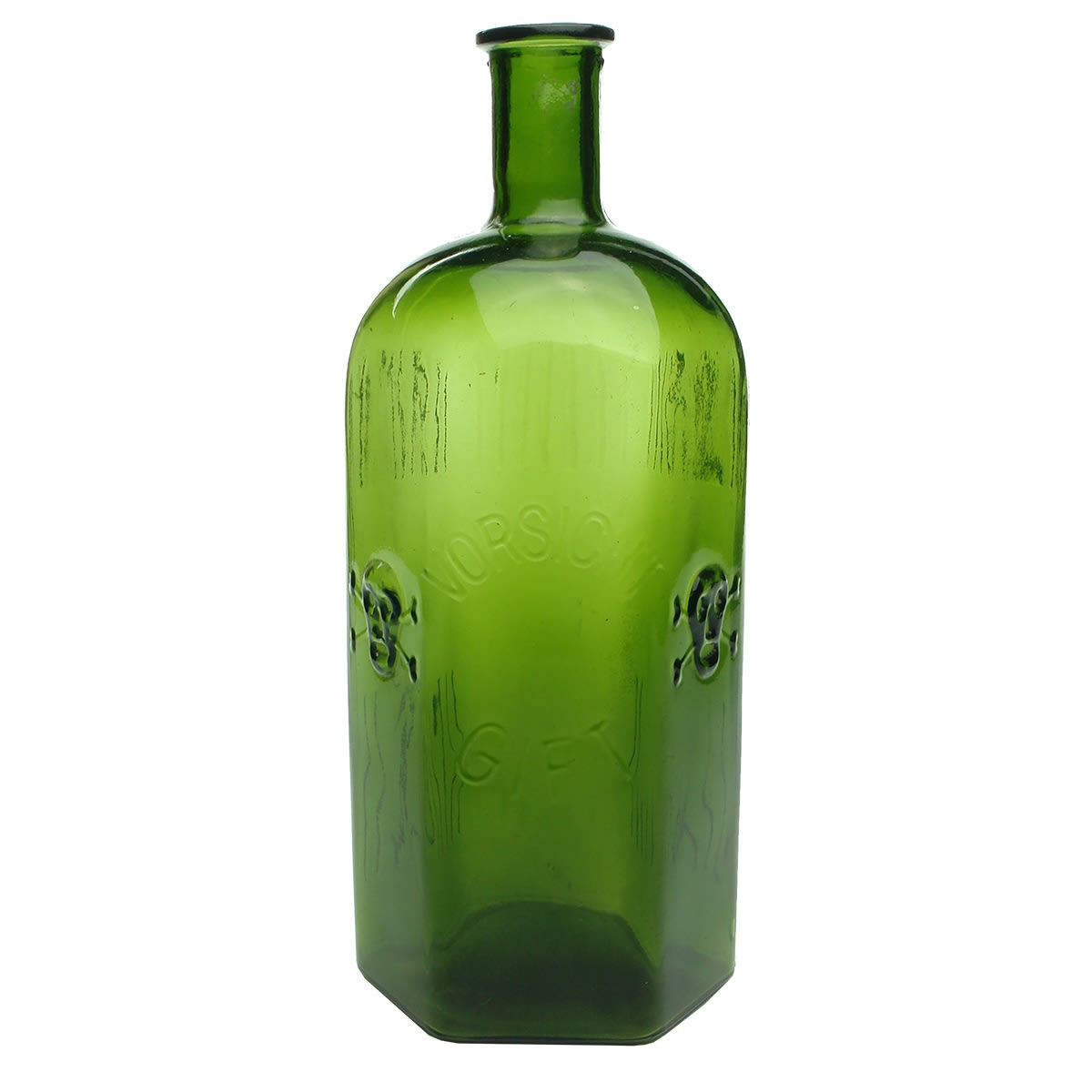 Poison. German. Vorsicht Gift. Hexagonal green bottle with Skull & Crossbones. 1 Litre.