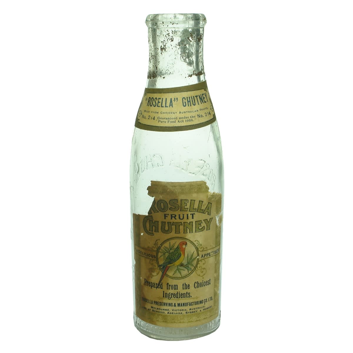 Chutney. Rosella Fruit Chutney, Melbourne, old style with Rosella. Original labels. Clear. 13 oz. (Victoria, South Australia, New South Wales, Tasmania)