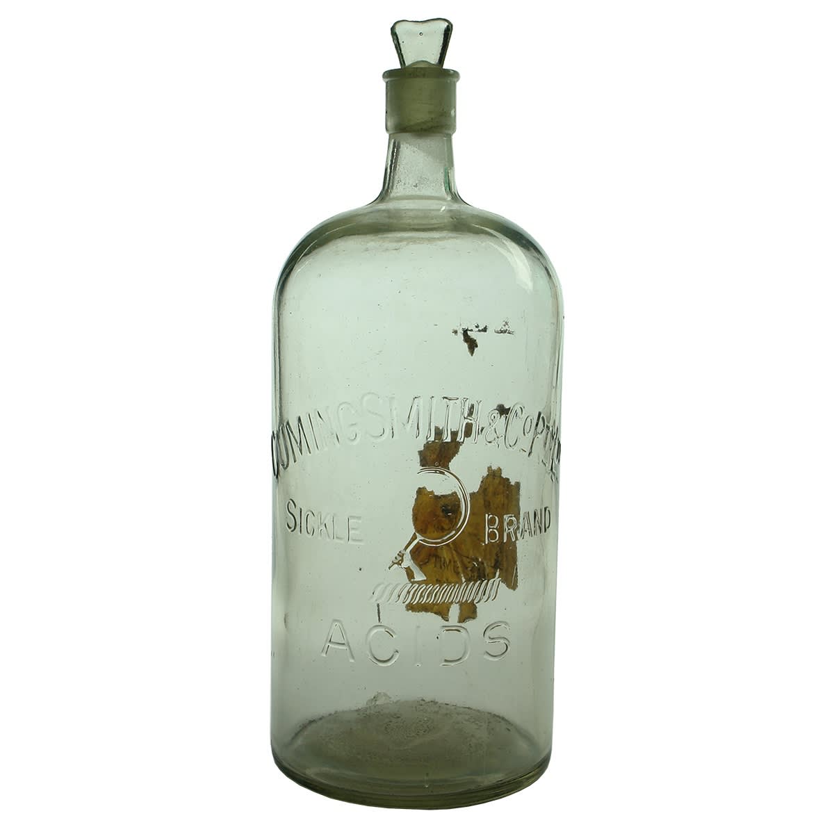 Acid. Cuming Smith, Sickle Brand. Clear. 1 Gallon. Remains of Label. (Victoria)