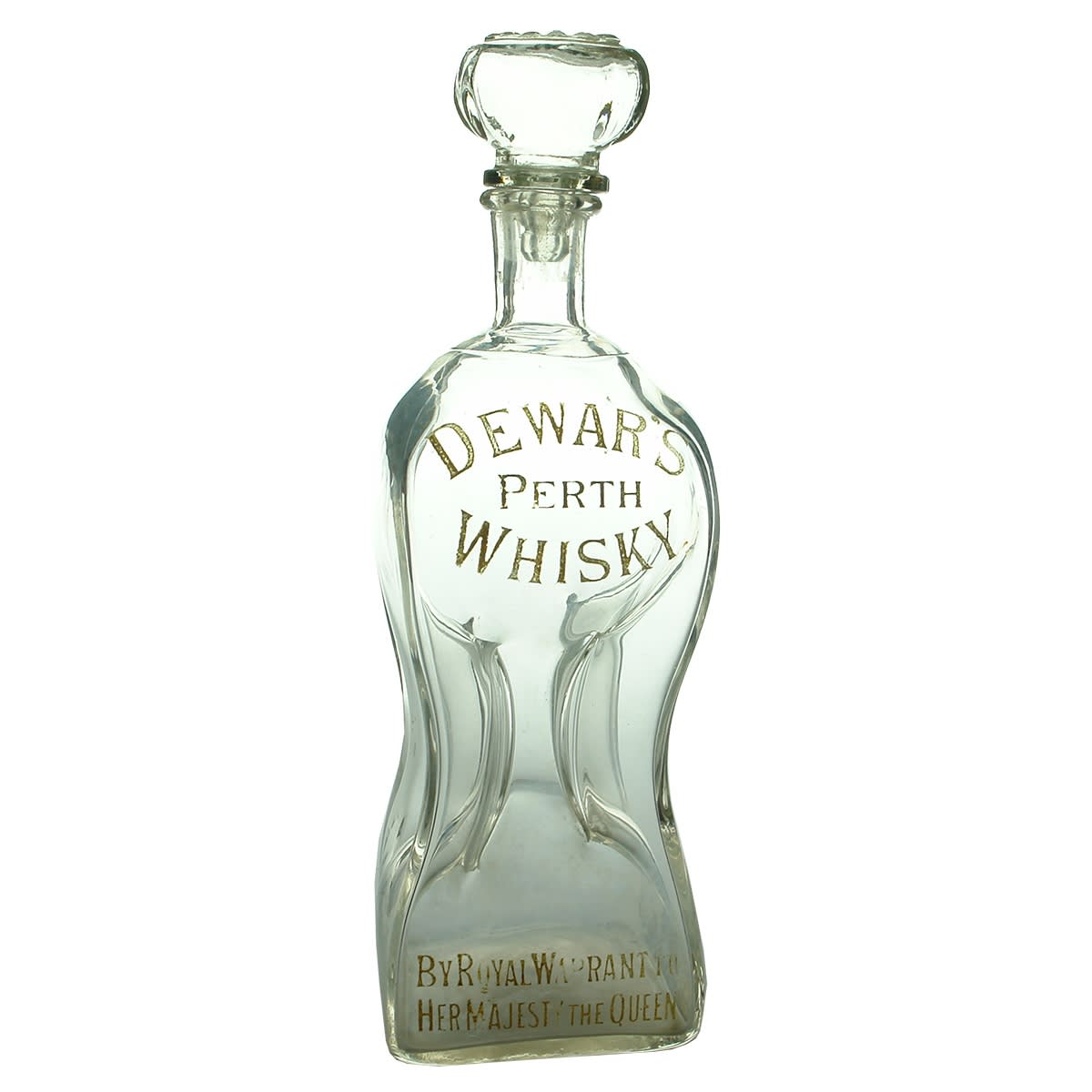 Decanter. Dewar's Perth Whisky. By Royal Warrant to Her Majesty the Queen Pinch waisted shape. Polished Pontil base.