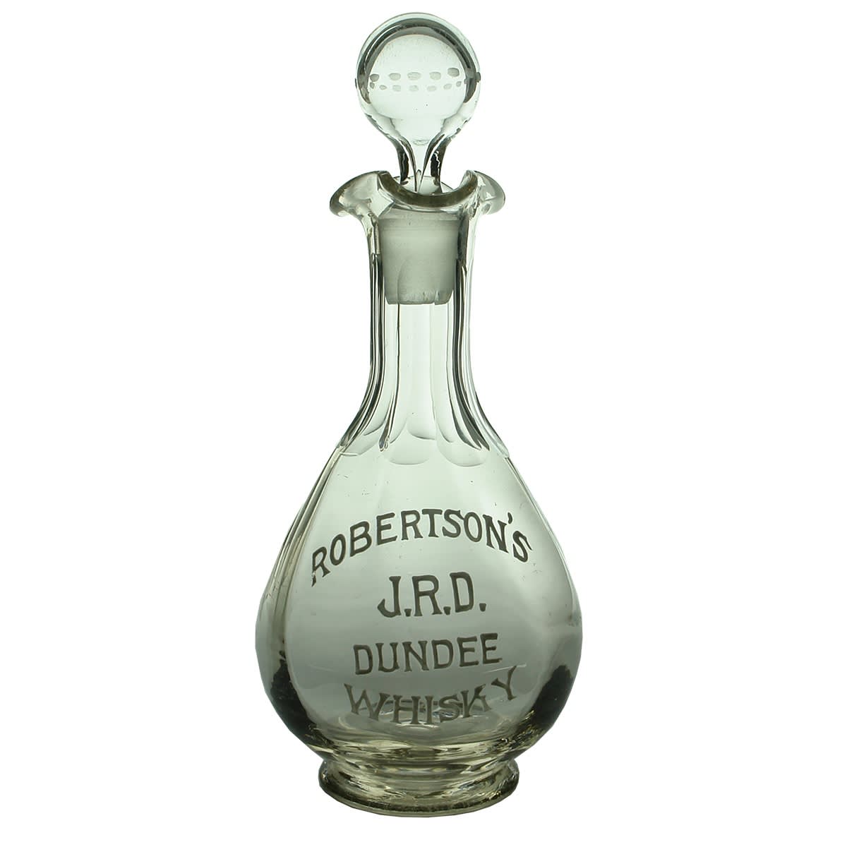 Decanter. Robertson's Dundee Whisky. J. R. D. Enamel on clear glass. Tear drop design. Polished pontil base.