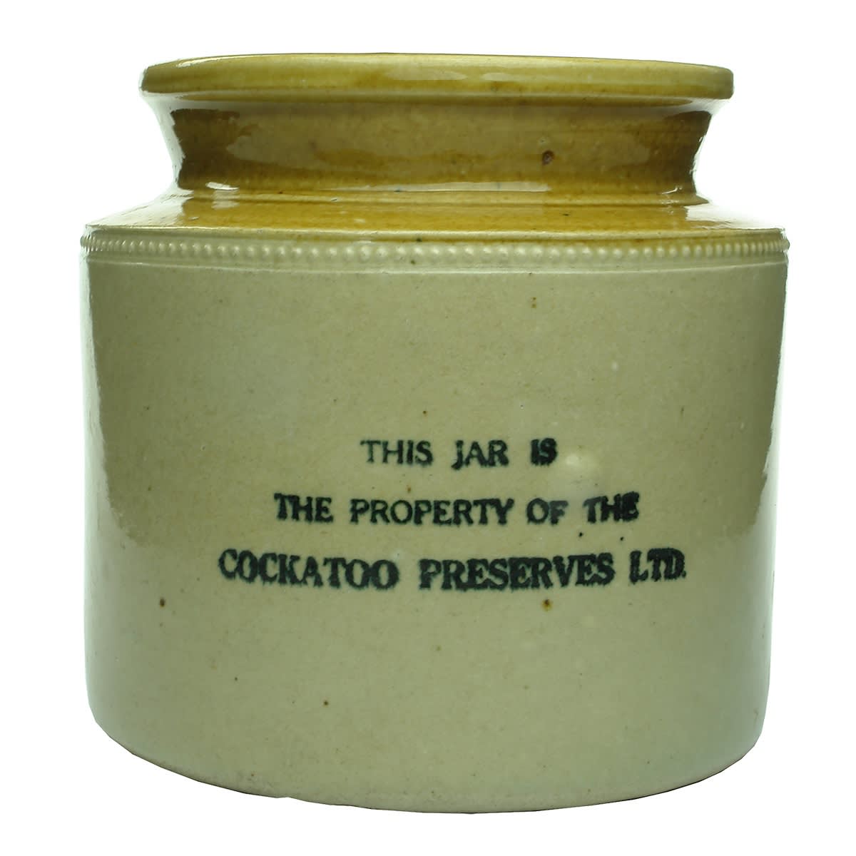 Stoneware Jar. Cockatoo Preserves Ltd. Tan Top. 1 Gallon. (Victoria)
